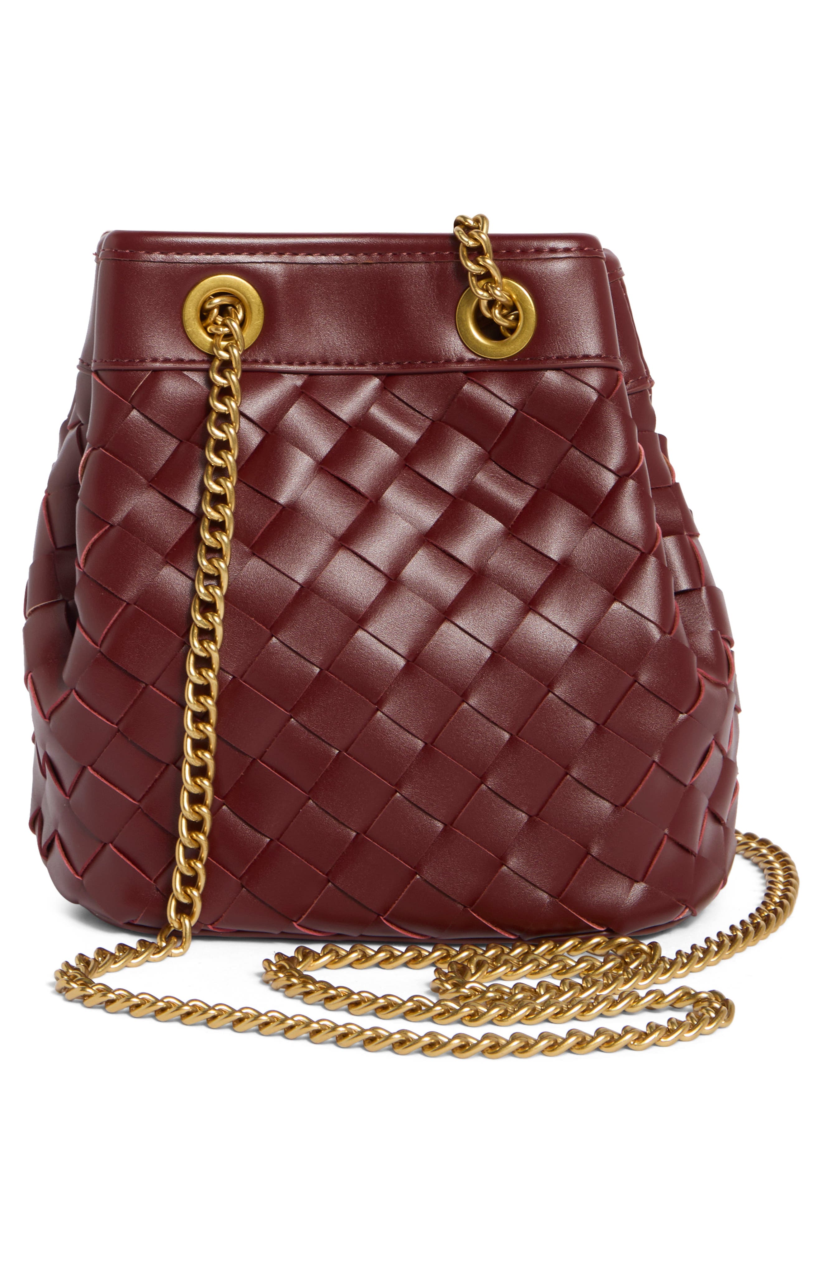 Yara Woven Faux Leather Bucket Bag, Alternate, color, BURGUNDY