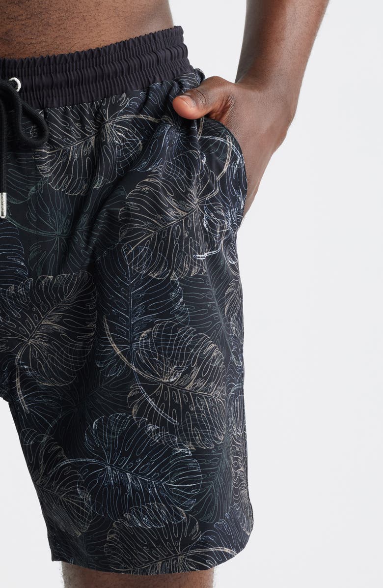 Stone Rose Jungle Monstera Print Swim Trunks, Alternate, color, 