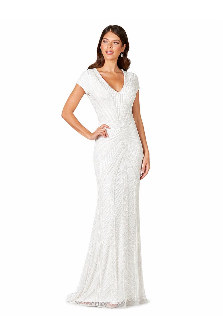 Beaded Faux-Wrap V-Neck Bridal Gown, Alternate, color, Ivory