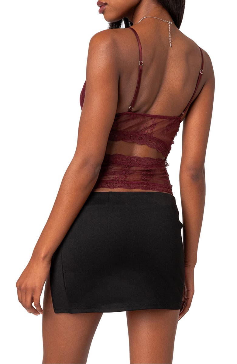 EDIKTED Spice Cutout Sheer Lace Camisole, Alternate, color, Burgundy