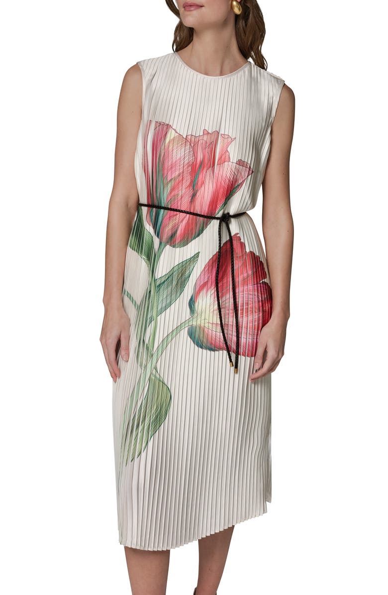 Donna Karan New York Floral Pleat Satin Midi Dress, Alternate, color, Geranium Multi