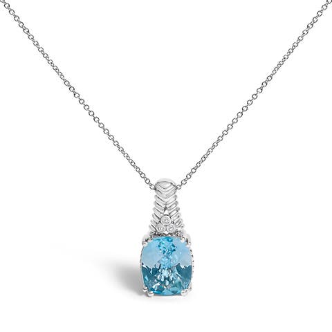Silver Blue Topaz and Diamond Accent Textured Pendant Necklace