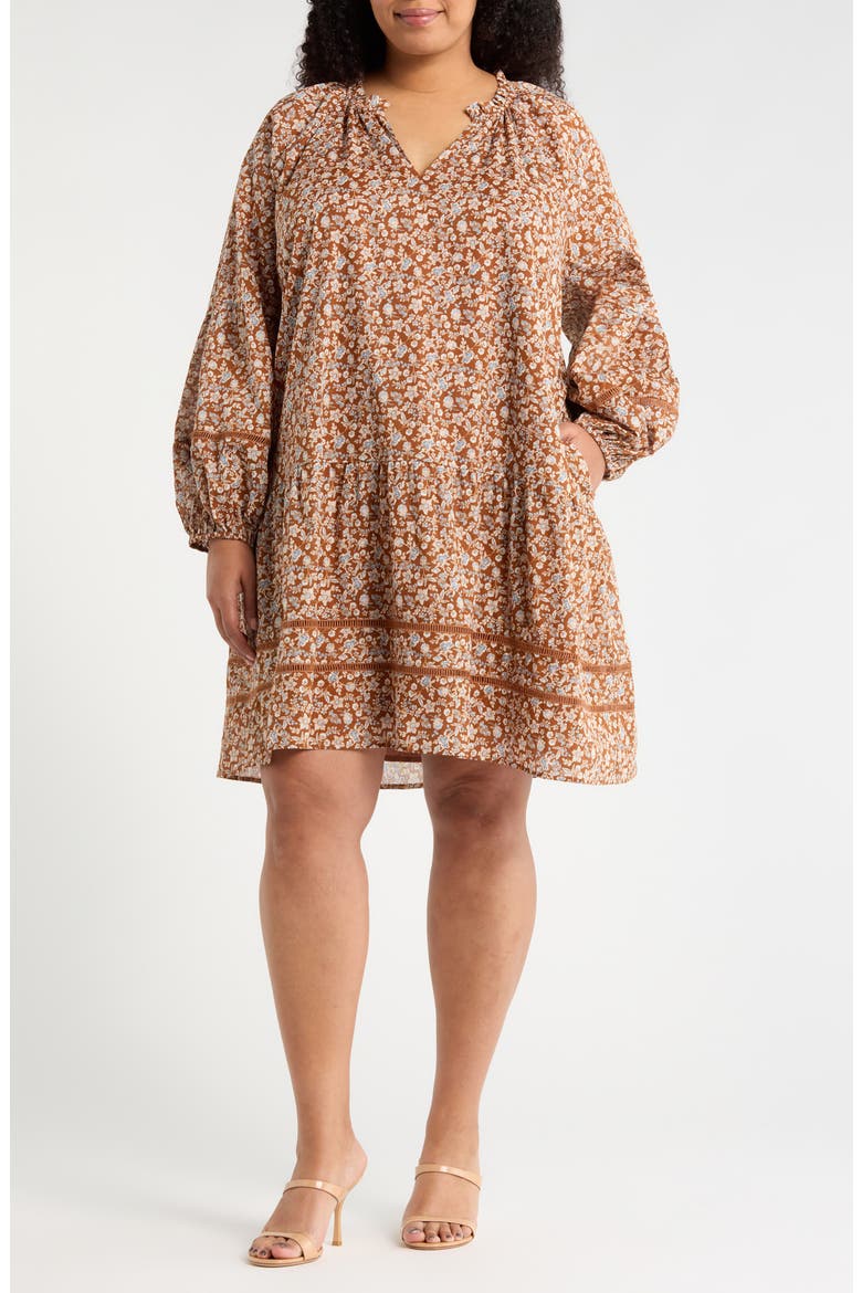 Ramsey Ditsy Floral Print Long Sleeve Minidress, Main, color, BROWN-MULT