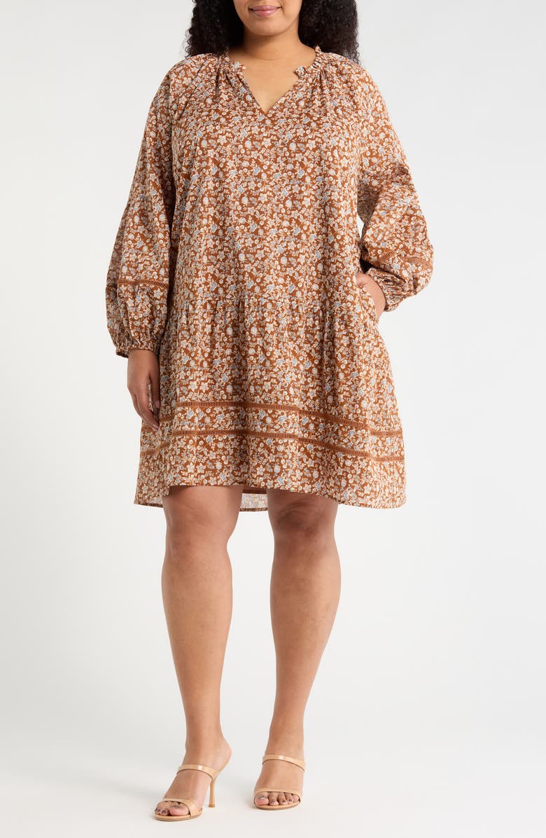 SUGARLIPS Ramsey Ditsy Floral Print Long Sleeve Minidress, Main, color, Brown-Mult