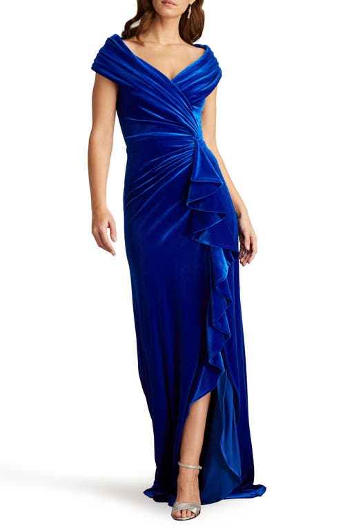 Tadashi Shoji Portrait Collar Velvet Gown in Blue Bell 