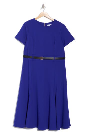 Calvin Klein Short Sleeve Belted A-line Midi Dress