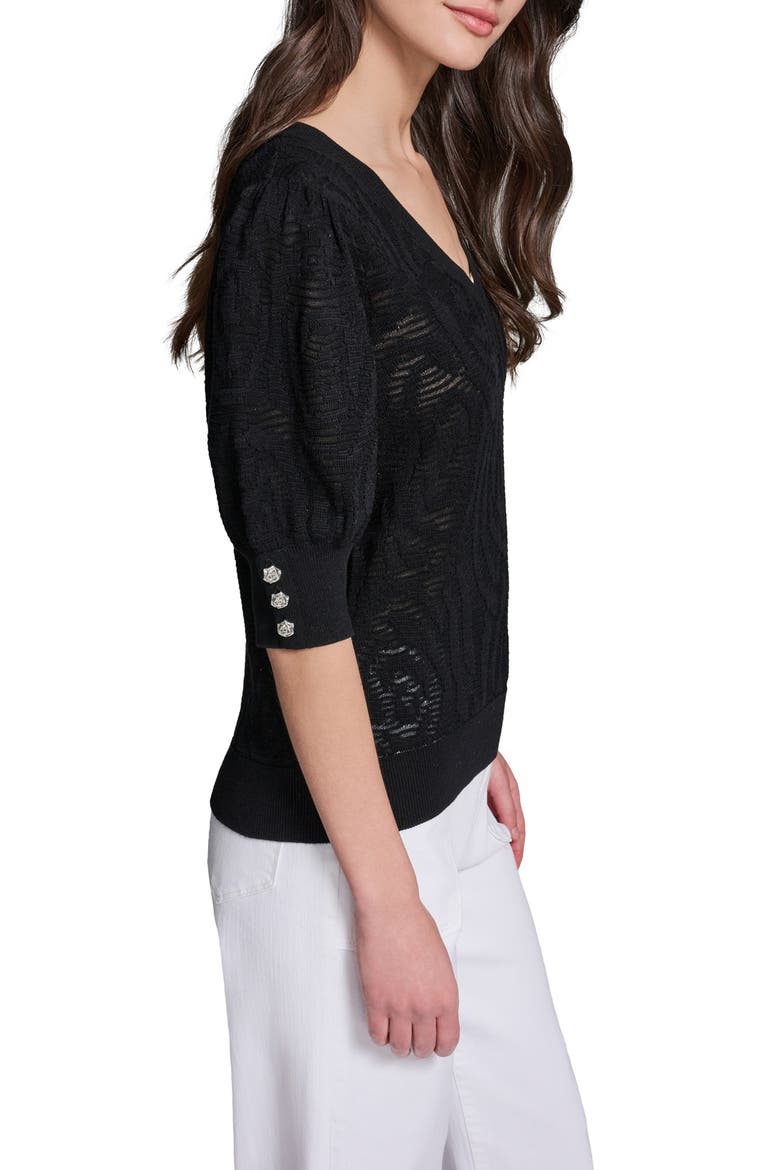 Floral Puff Sleeve Sweater, Alternate, color, BLACK