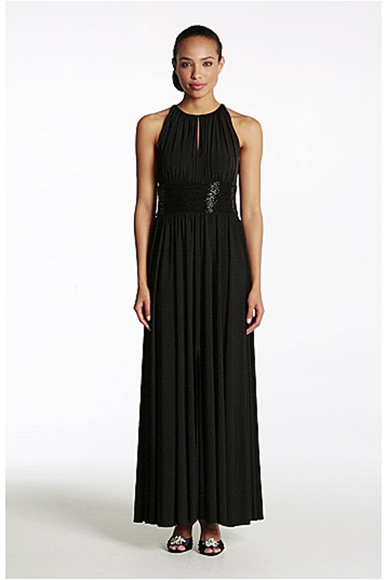 Cutaway Shoulder Beaded Waist Gown, Alternate, color, BLACK