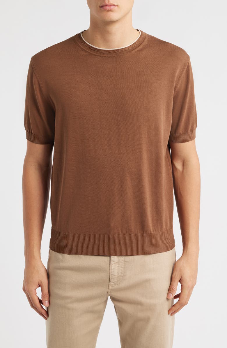 Canali Short Sleeve Cotton Crewneck Sweater, Main, color, Brown