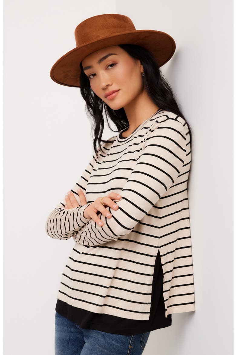 Striped Side Slit Top, Alternate, color, OATMEAL W/ BLACK