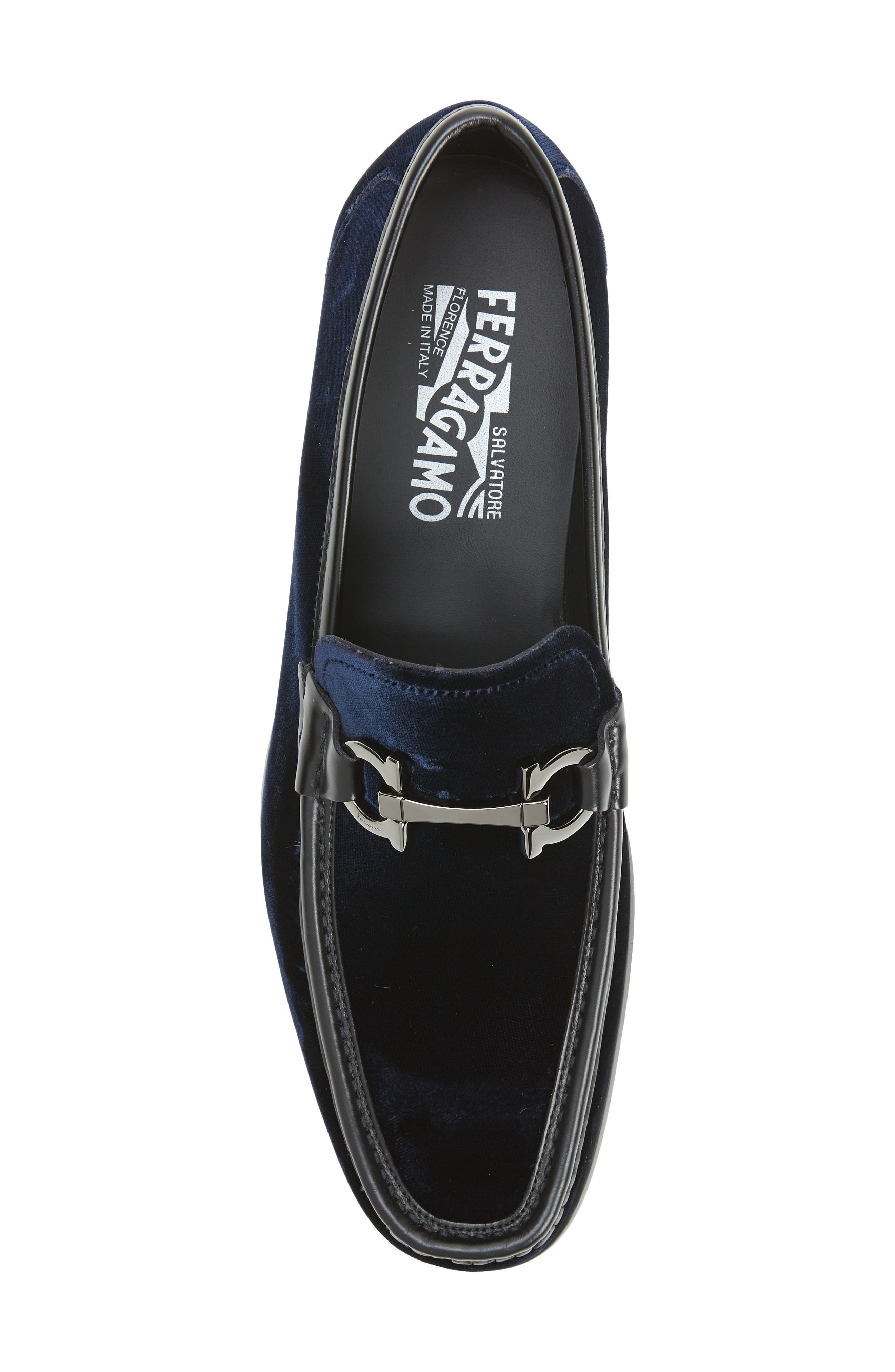 Gandioso Blue Velvet Moccasin with Gancio Ornament, Alternate, color, NAVY/ NERO