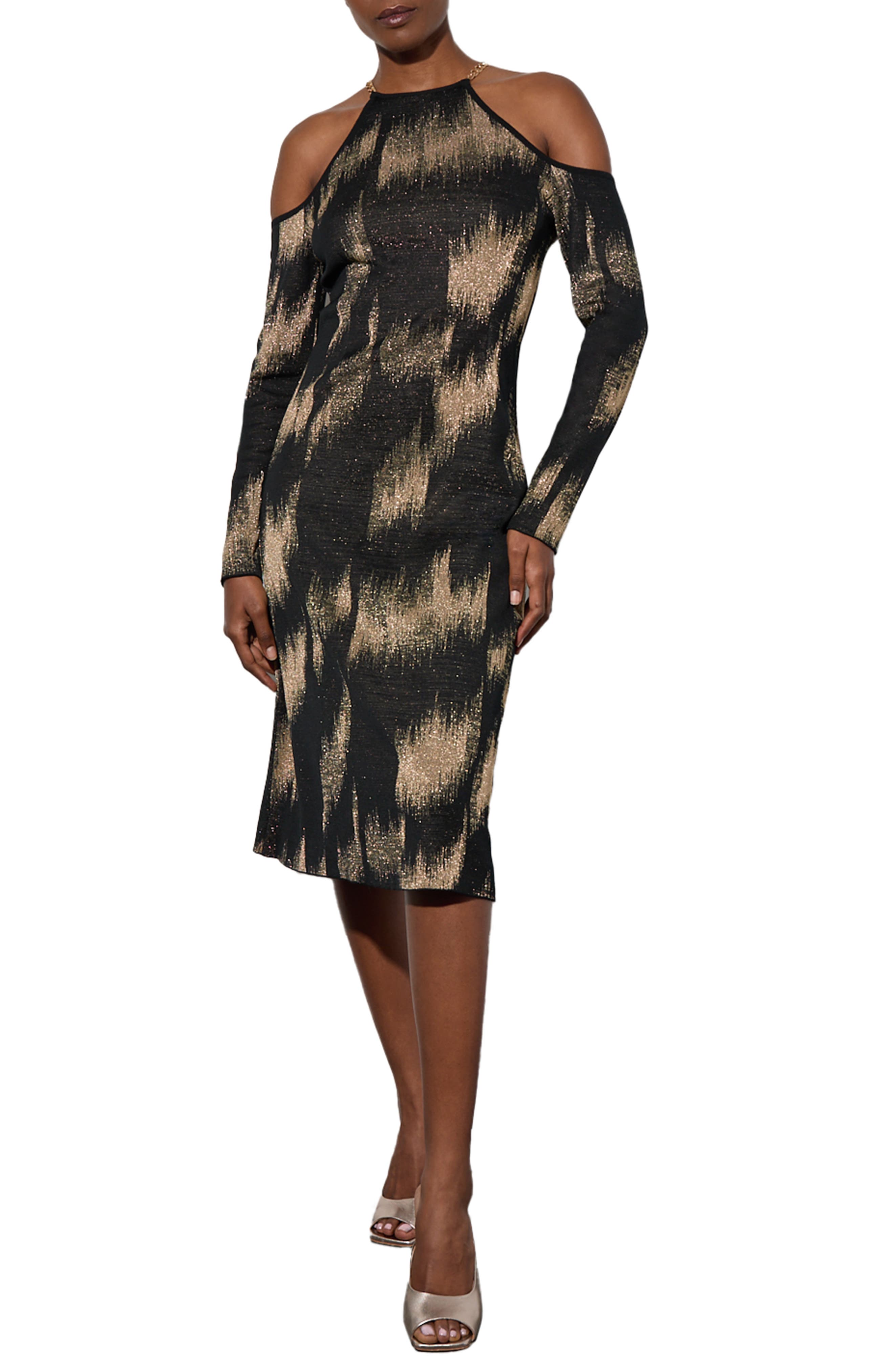 Ming Wang Metallic Long Sleeve Jacquard Midi Dress In Black/gold