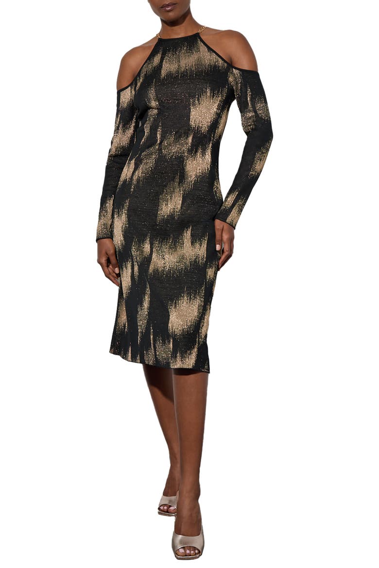 Metallic Long Sleeve Jacquard Midi Dress, Main, color, BLACK/GOLD