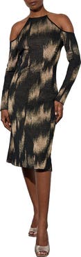 Ming Wang Metallic Long Sleeve Jacquard Midi Dress