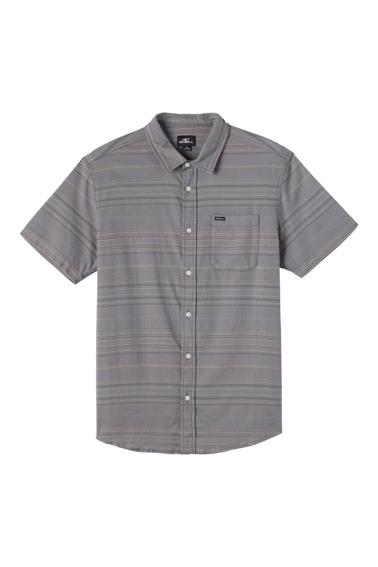 Kids' Seafaring Stripe Short Sleeve Stretch Cotton Button-Up Shirt, Main, color, GRAPHITE