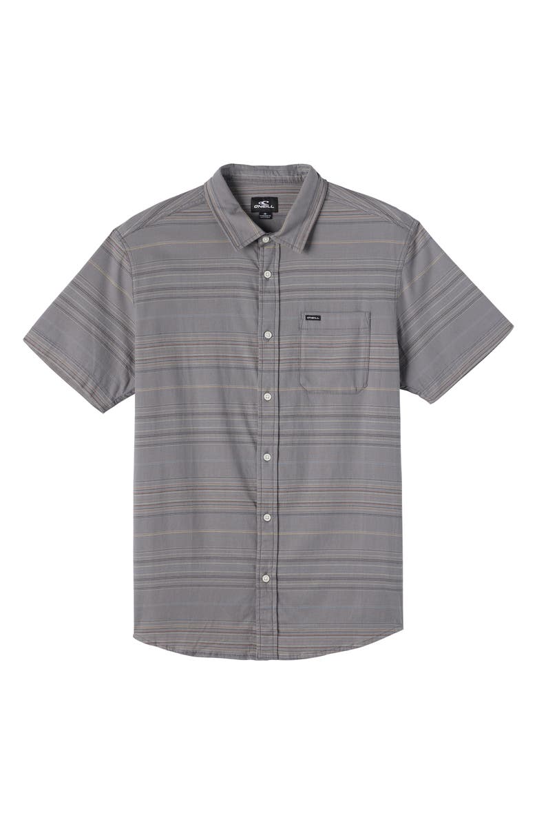 O'Neill Kids' Seafaring Stripe Short Sleeve Stretch Cotton Button-Up Shirt, Main, color, Graphite