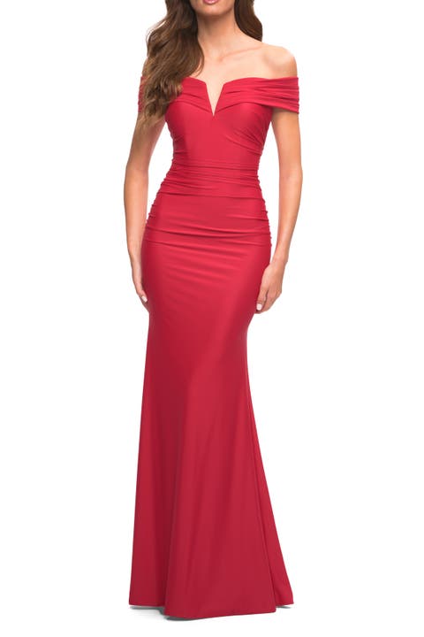 Ruched Off the Shoulder Gown with V Neckline