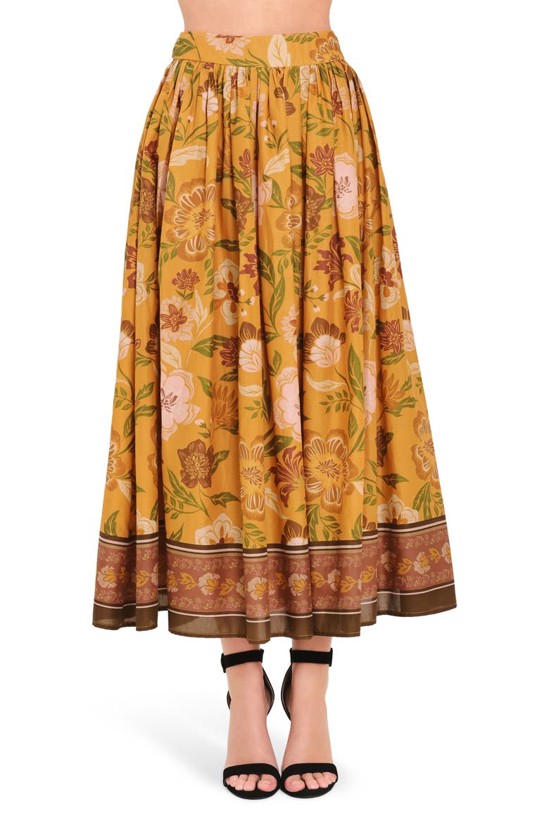 Floral Print Midi Skirt, Main, color, MUSTARD