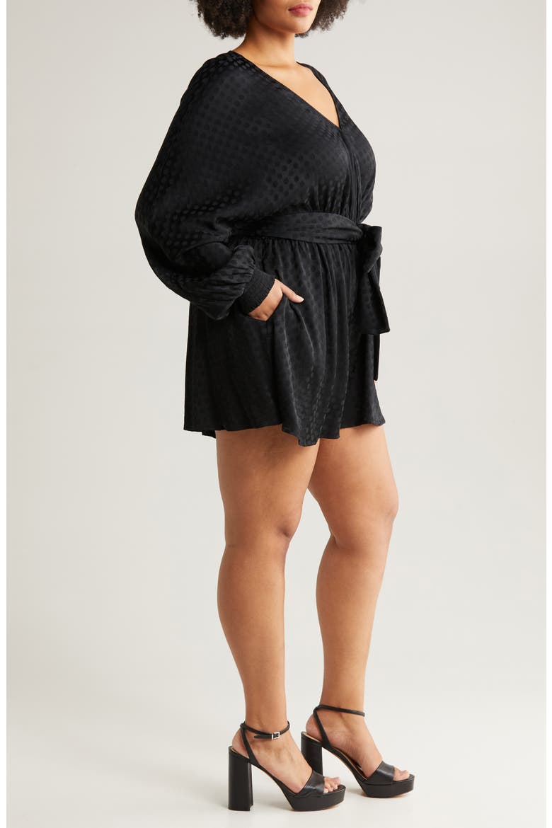 Textured Dot Long Sleeve Satin Romper, Alternate, color, BLACK