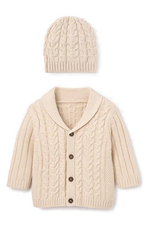 Elegant Baby Horseshoe Cable Knit Cotton Cardigan & Hat Set in Rainy Day 