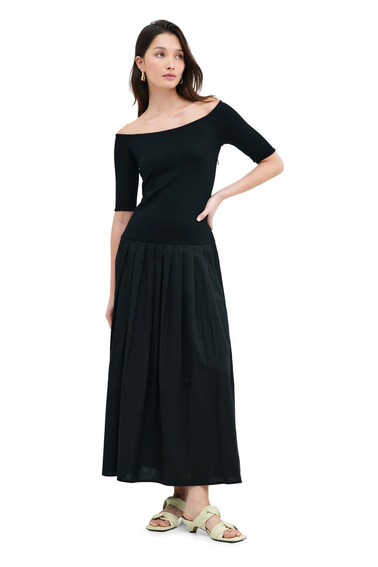 Mila Off the Shoulder Mixed Media Maxi Dress, Alternate, color, BLACK
