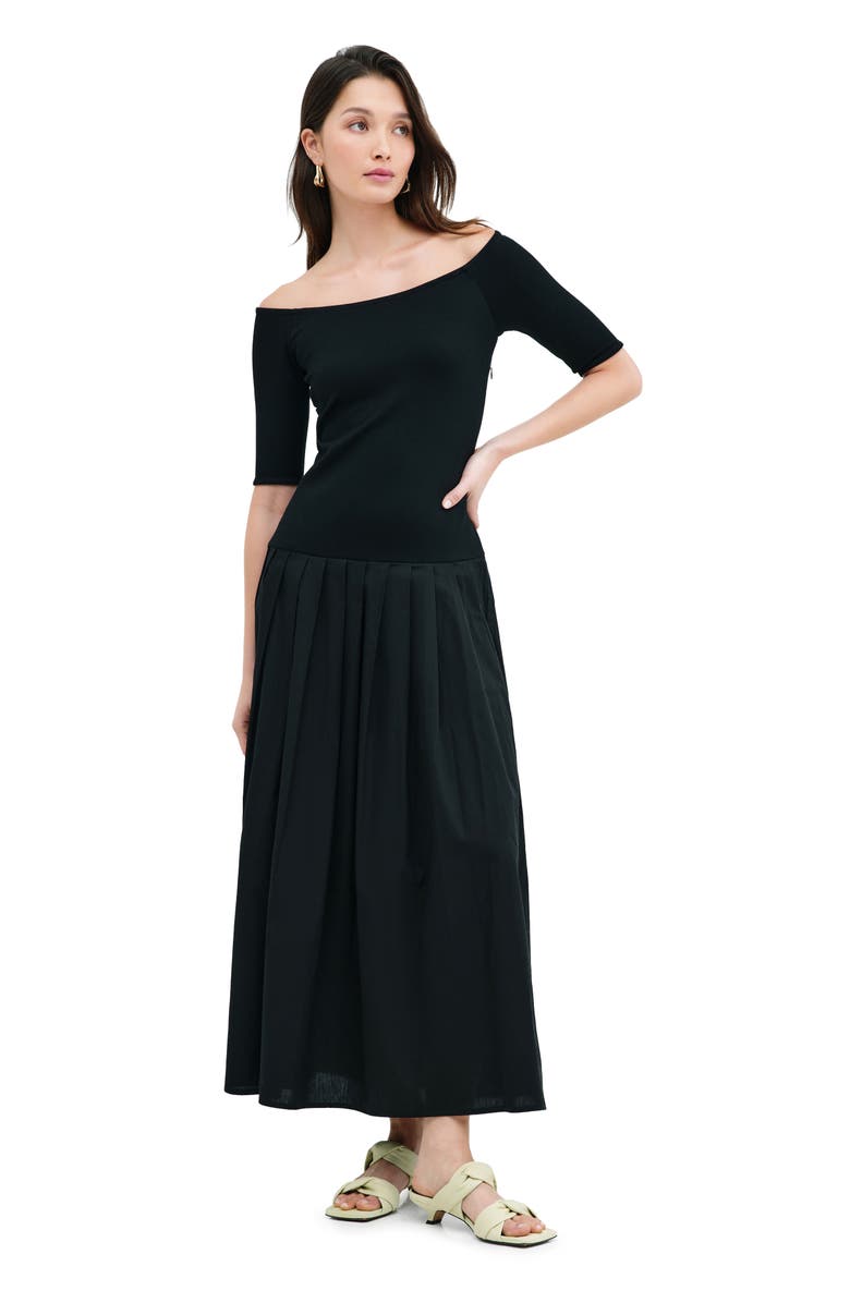 Marcella Mila Off the Shoulder Mixed Media Maxi Dress, Alternate, color, Black