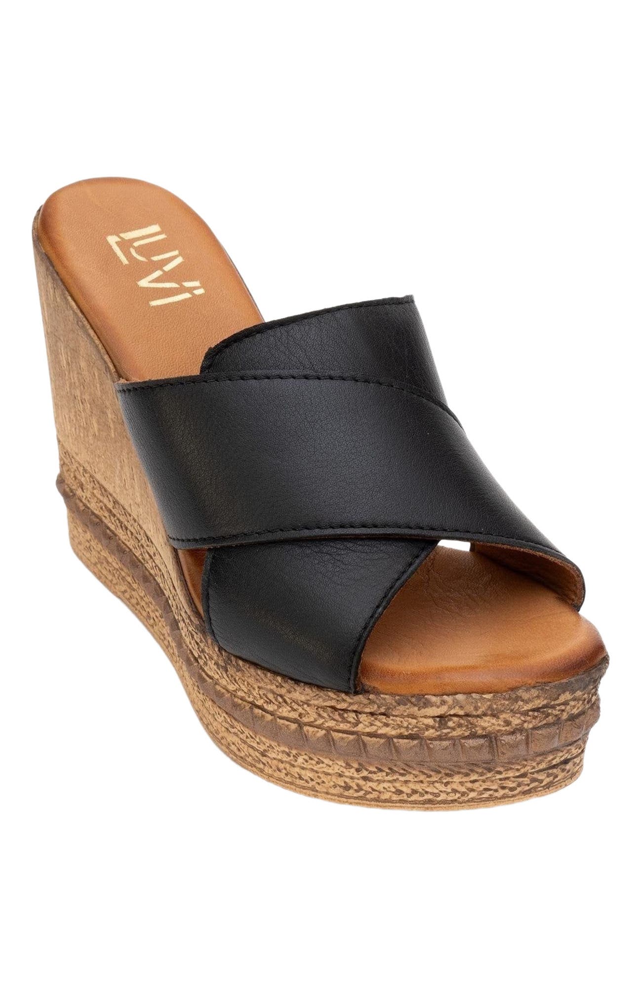 Forever & Always Shoes Lois Wedge Leather Sandal, Alternate, color, Black Leather