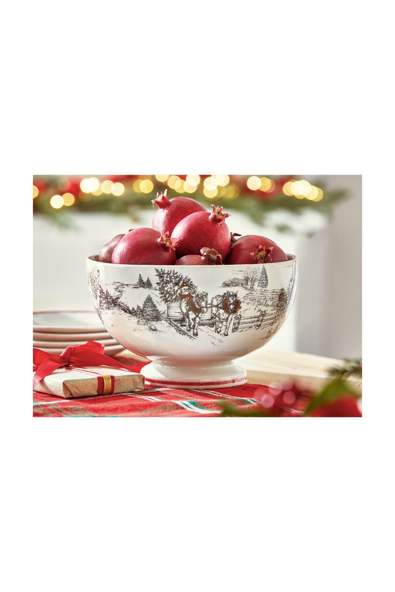 Farmhouse Christmas Earthenware White Pedestal Bowl, Alternate, color, Multicolored