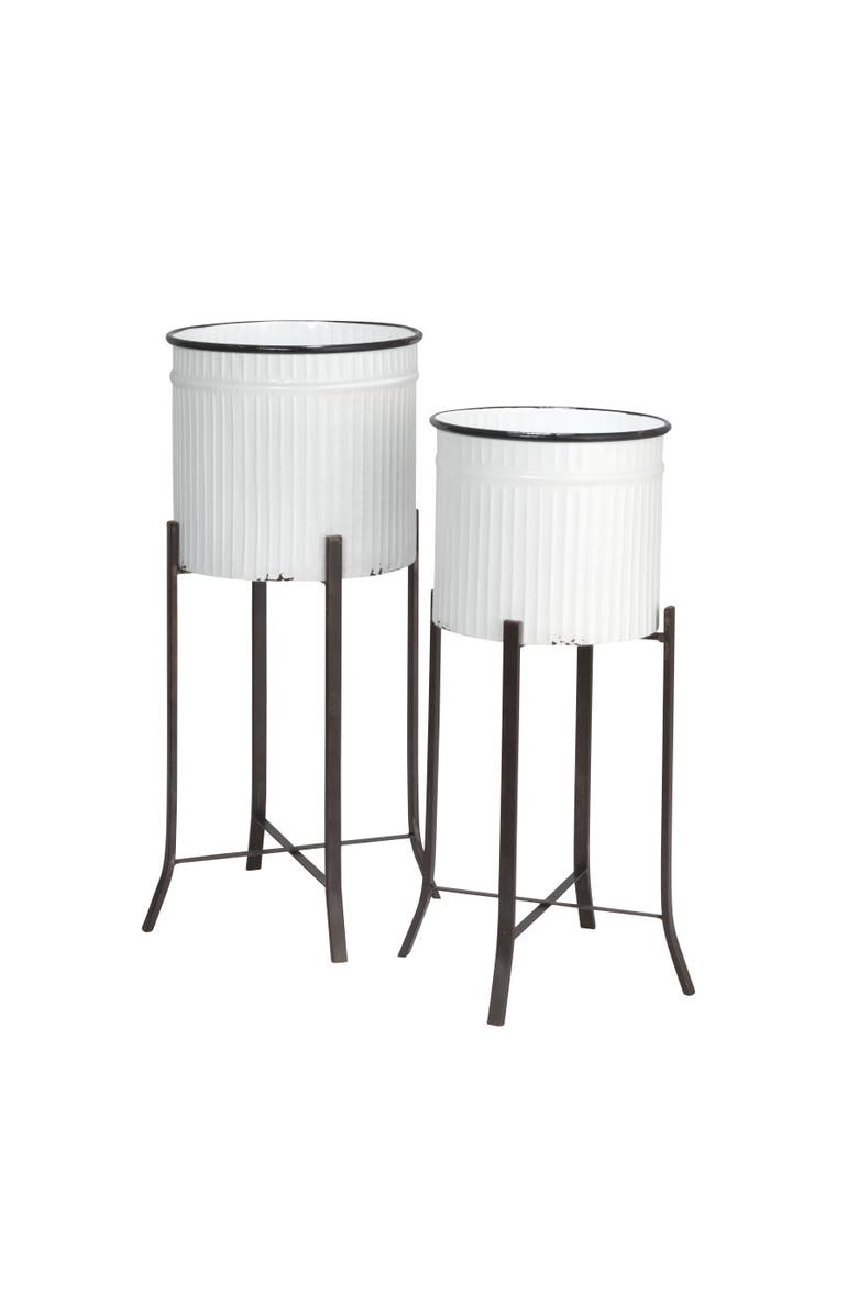 Storied Home Round Metal Planters on Stands, White and Black, Set of 2, Main, color, White