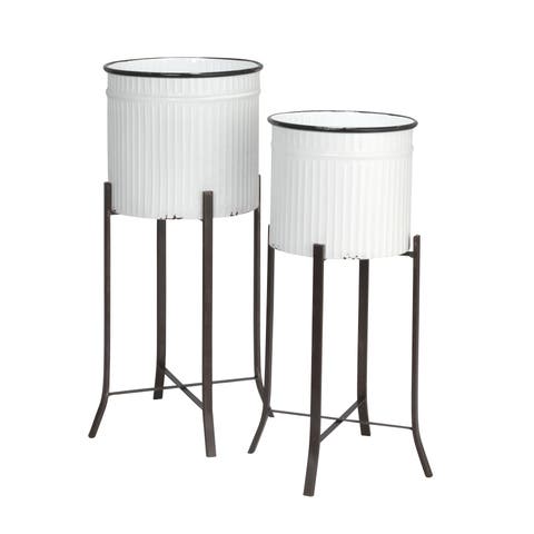 Round Metal Planters on Stands, White and Black, Set of 2