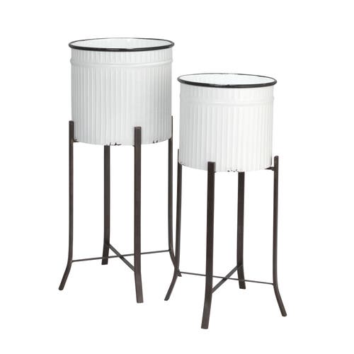 Storied Home Round Metal Planters On Stands, White And Black, Set Of 2 In White