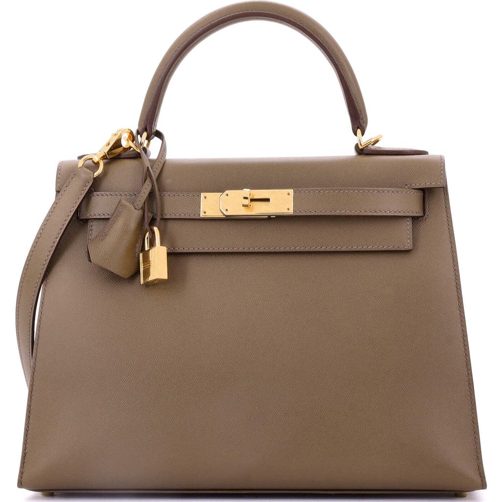 Pre-owned Hermes  Hermes Kelly Handbag Grey Clemence With Gold Hardware 28 In Brown