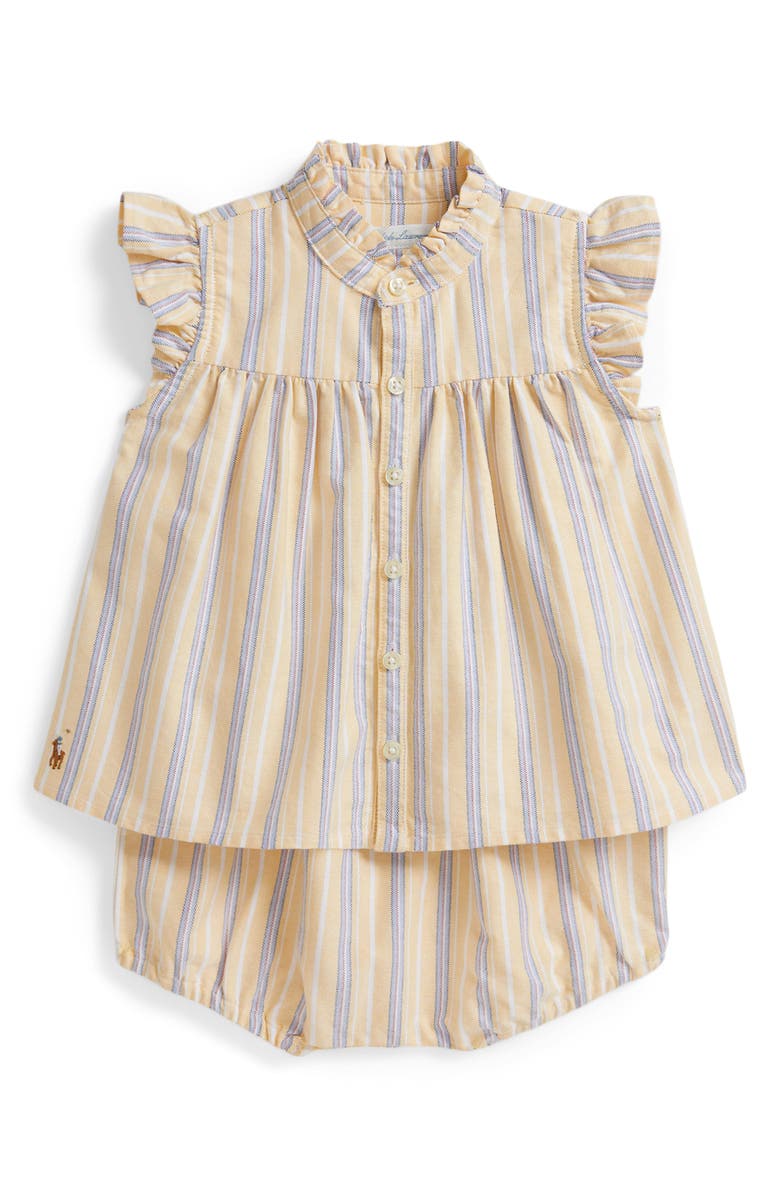 Ralph Lauren Stripe Cotton Oxford Top with Bloomers, Main, color, Yellow-Blue-Pink Multi