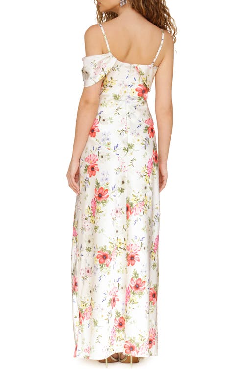 Shop Avec Les Filles Floral Print Asymmetric Satin Maxi Dress In Cream Flower Press