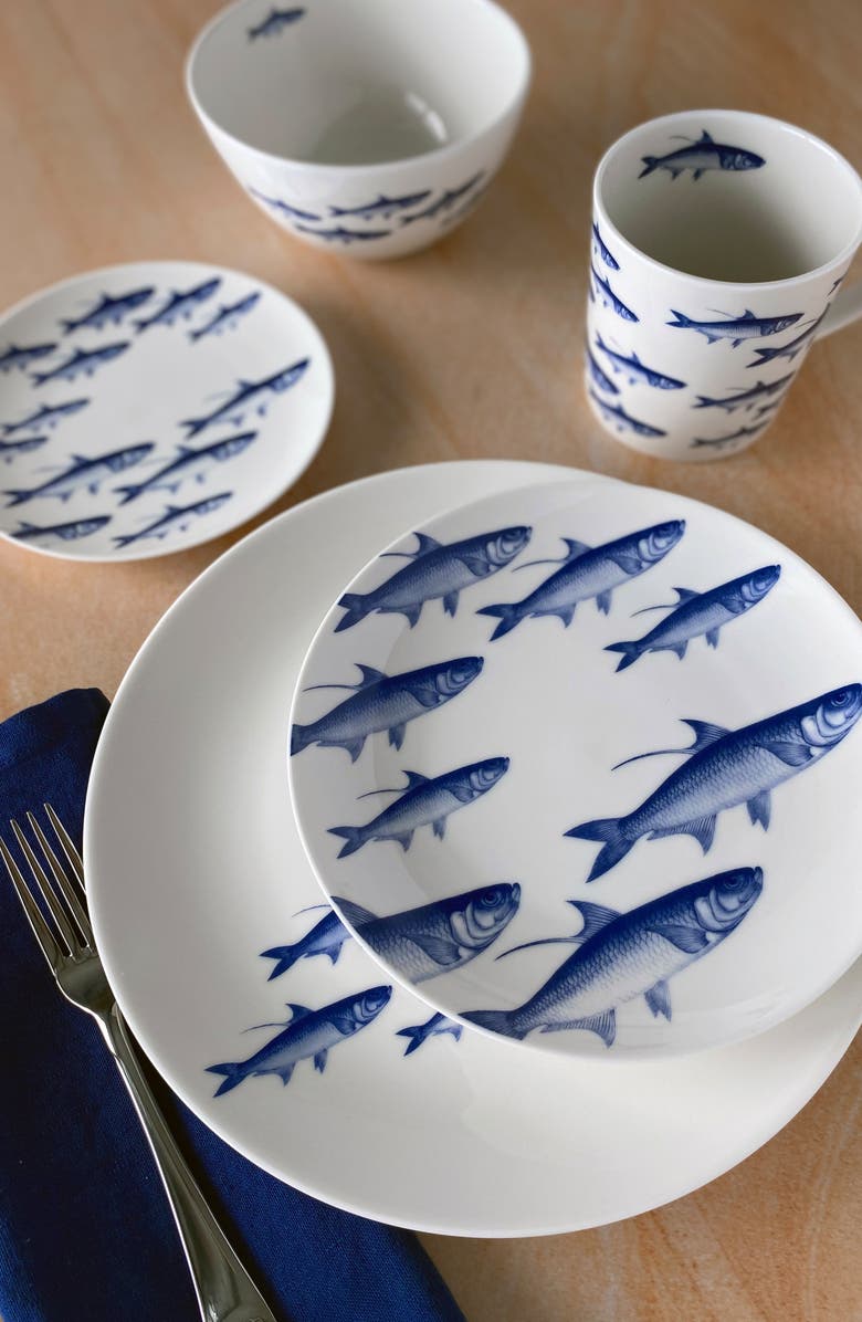 Caskata School of Fish Blue Coupe Salad Plate - Porcelain - Set 4, Alternate, color, Blue