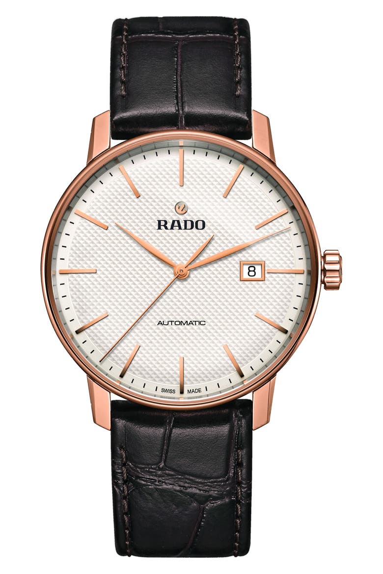 Coupole Classic Automatic Embossed Leather Strap Watch, 41mm, Main, color, BROWN/WHITE/ROSE GOLD