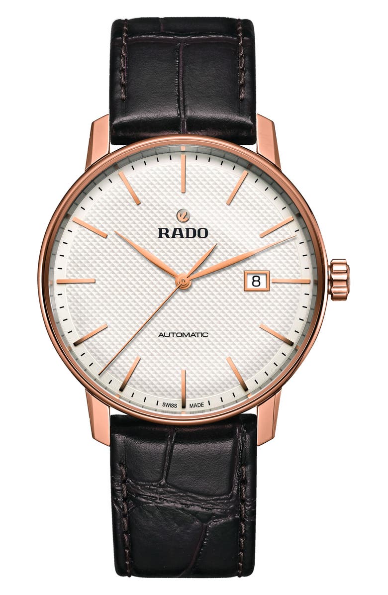 RADO Coupole Classic Automatic Embossed Leather Strap Watch, 41mm, Main, color, Brown/White/Rose Gold