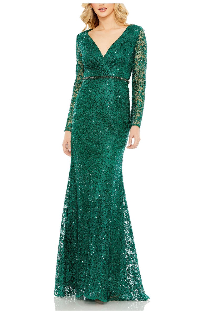 Mac Duggal Embellished Wrap Over Long Sleeve Gown, Main, color,