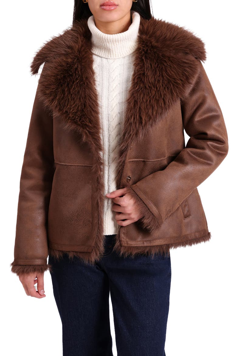 Faux Shearling Jacket with Faux Fur Trim, Alternate, color, JAVA
