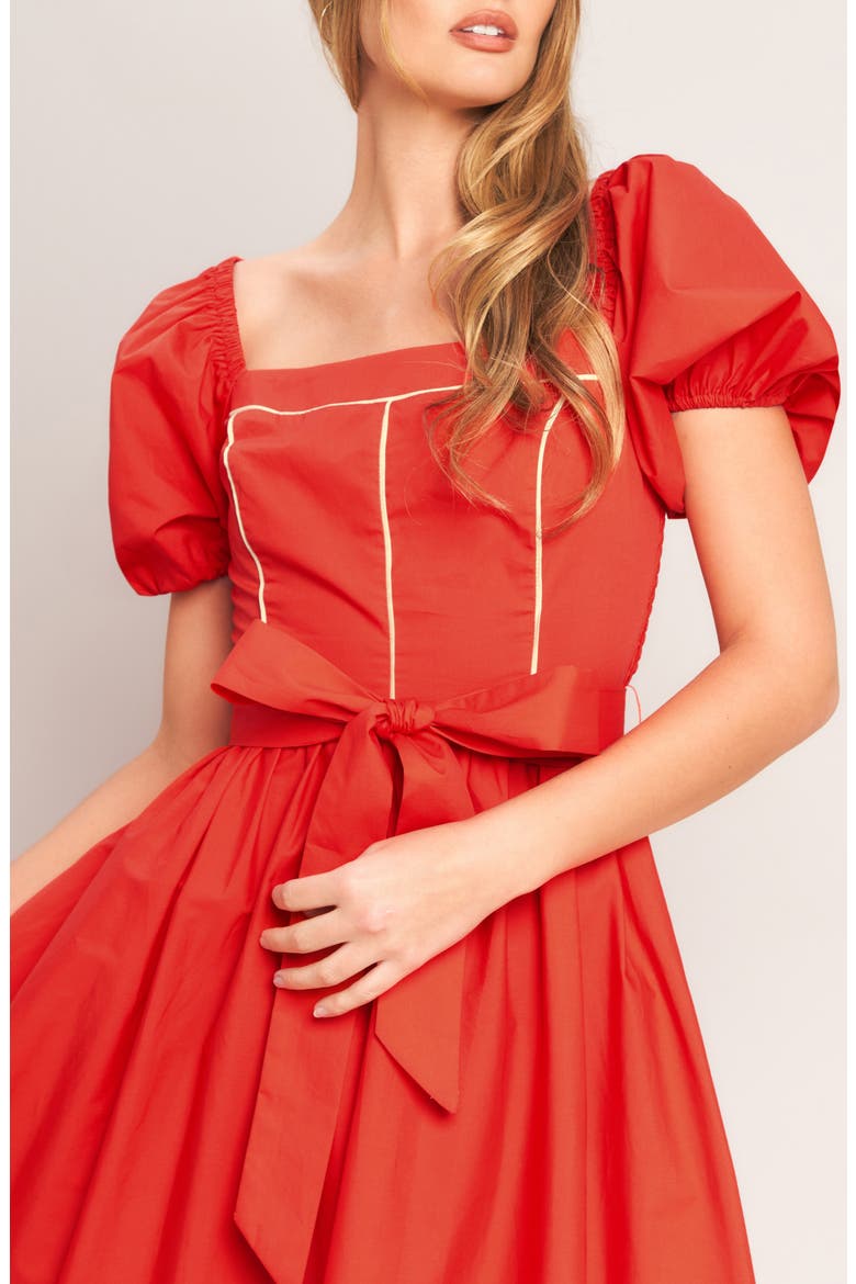 Puff Sleeve Midi Dress, Alternate, color, CORAL RED