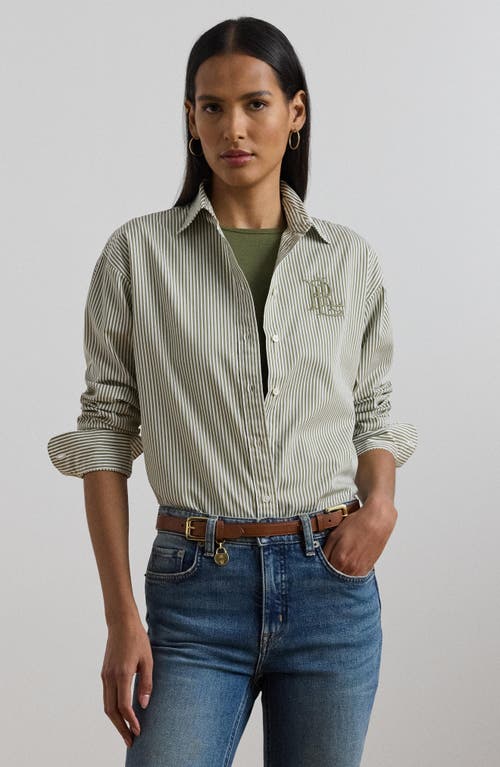 Shop Ralph Lauren Lauren Stripe Cotton Button-up Shirt In Sage Green/white