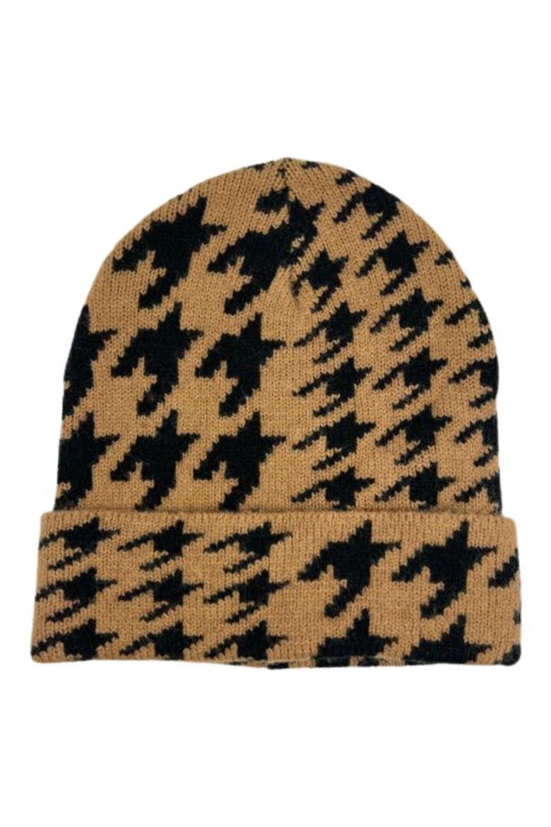 Houndstooth Cuff Beanie, Main, color, CAMEL