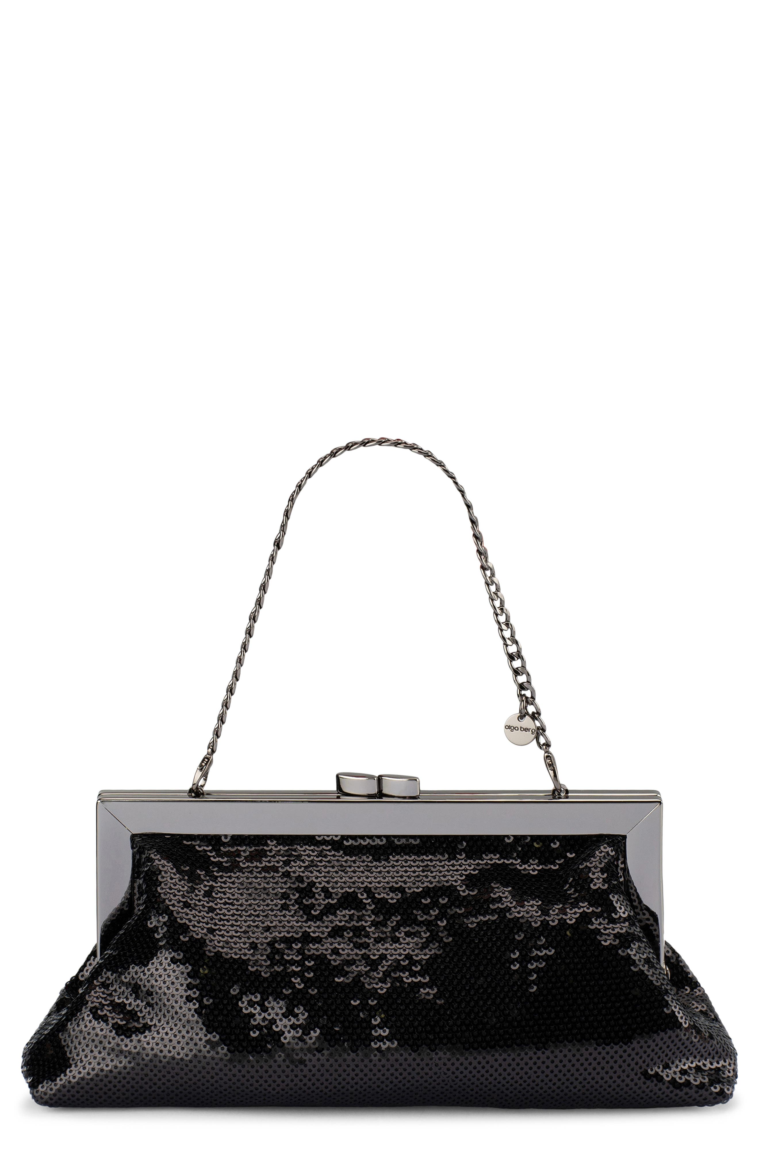 Olga Berg Zephyr Sequin Clutch, Main, color, Black
