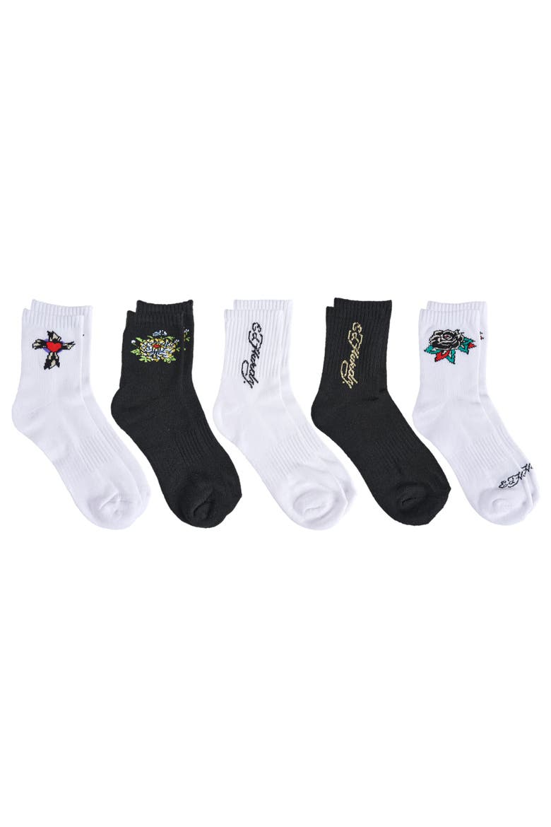 Flower Heart Print Half Cushion Mid Crew Sock 5-Pack, Alternate, color, White Multi