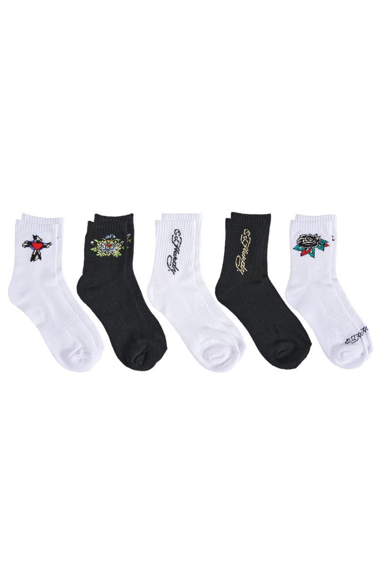 Ed Hardy Flower Heart Print Half Cushion Mid Crew Sock 5-Pack, Alternate, color, White Multi