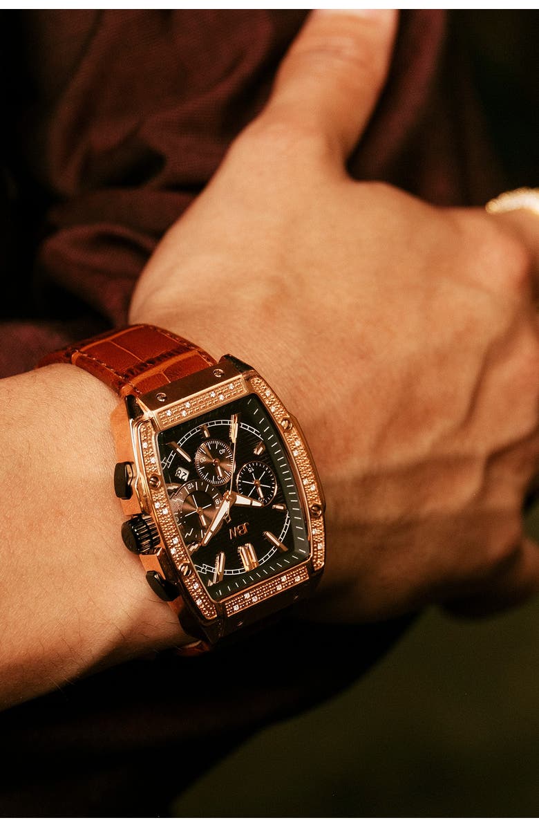 JBW Men's Echelon Diamond Chronograph Croc Embossed Leather Strap Watch, 41mm, Alternate, color, Rose Gold