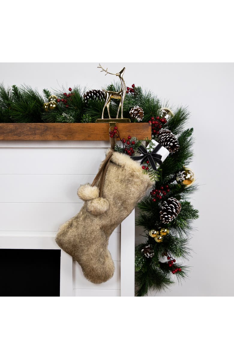 Northlight Faux Fur Christmas Stocking with Pom Poms - 20.5" - Beige and Brown, Alternate, color, 