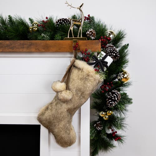 Northlight Faux Fur Christmas Stocking With Pom Poms In Neutral