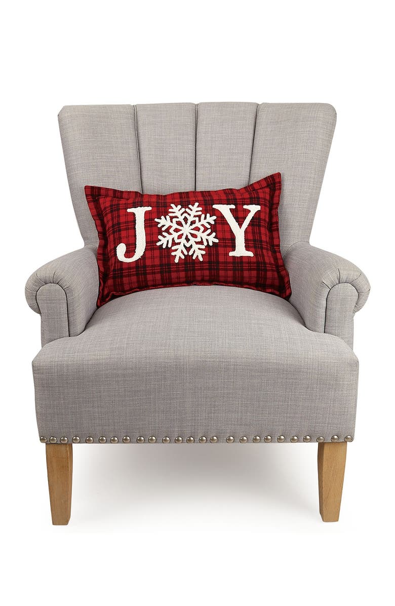 Peking Handicraft Red/White Joy Snowflakes Embroidered Pillow, Main, color,