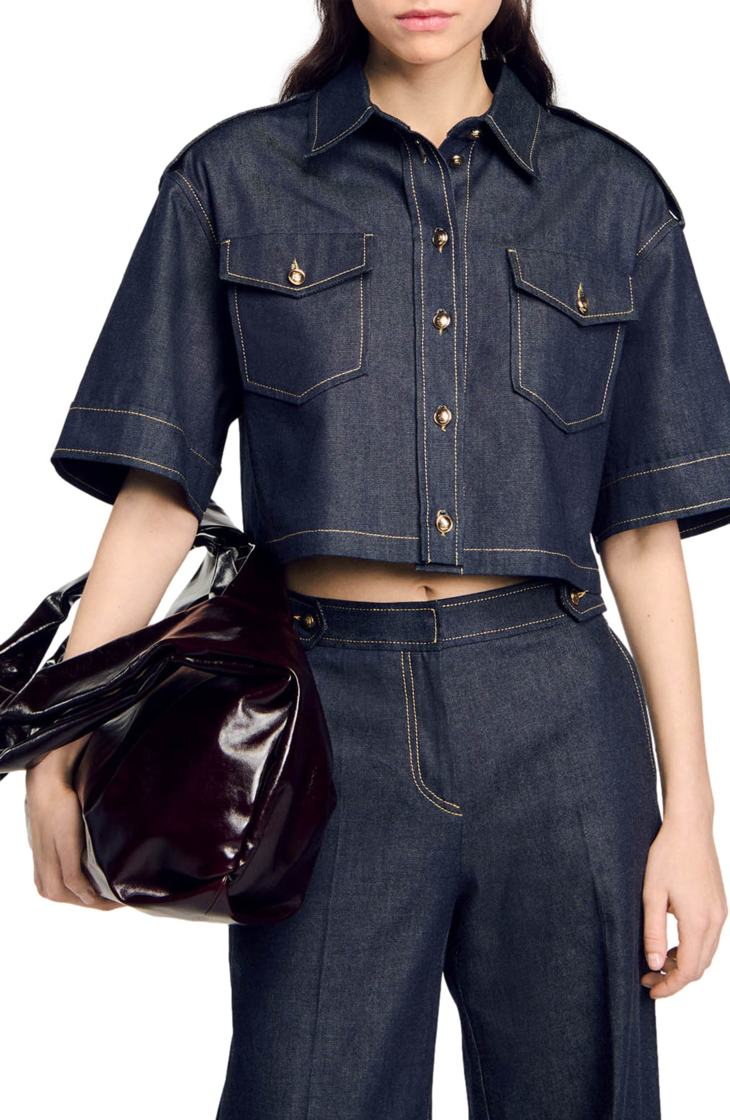 SANDRO Large shiny leather bag, Alternate, color, 